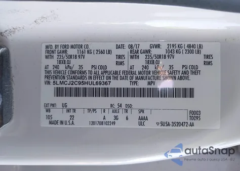 2017 Lincoln Mkc Select из США, поврежденный, VIN 5LMCJ2C95HUL69367